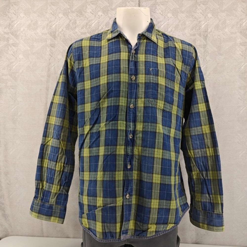 32‎ Bar Blues Button Up Shirt Mens Large Blue Green Plaid Long Sleeve Cotton